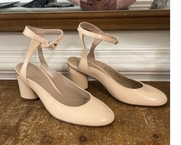 Stuart Weitzman Shoes - Stuart Weitzman Heel Block Round Toe Nude Ankle Strap Patent Leather Sz 9 NEW